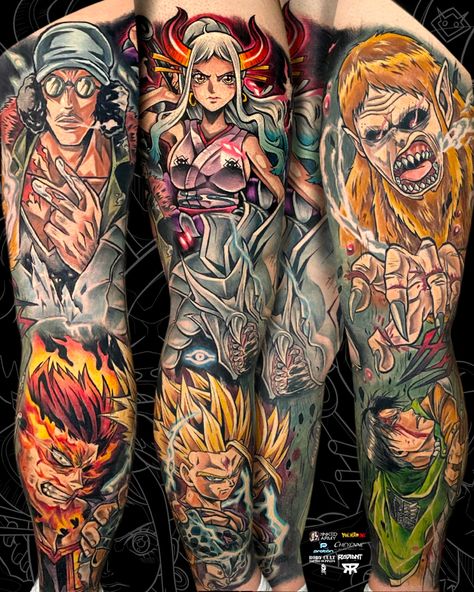 Anime Leg Sleeve Tattoo, Anime Sleeves, Full Leg Sleeve, Anime Tats, Calf Tattoo Men, Egyptian Tattoo Sleeve, Tattoo Anime, Full Leg Tattoos, Tattoo Leg