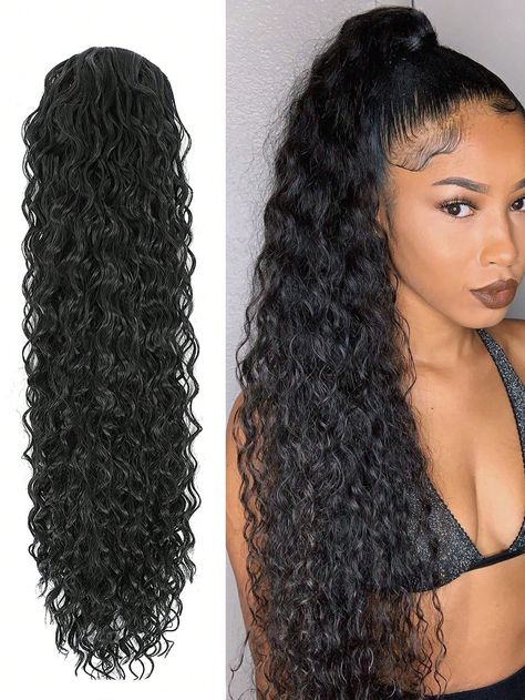 Black  Collar  Synthetic Fiber  Ponytail Embellished   Wigs & Accs Long Curly Ponytail, Curly Drawstring Ponytail, Curly Ponytail, Drawstring Ponytail, Hairstyle Inspo, Synthetic Hair Extensions, Long Curly, Hair Extension, Synthetic Fiber