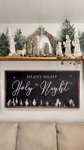 Nativity Tray Decor, Christmas Navity Decor, How To Style A Nativity Scene, Silent Night Table Decor, Nativity Christmas Decor Ideas, Nativity Scene Mantle Display, Christmas Decor Ideas Nativity, Mantel Nativity Scene Display, Nativity Mantle Decor