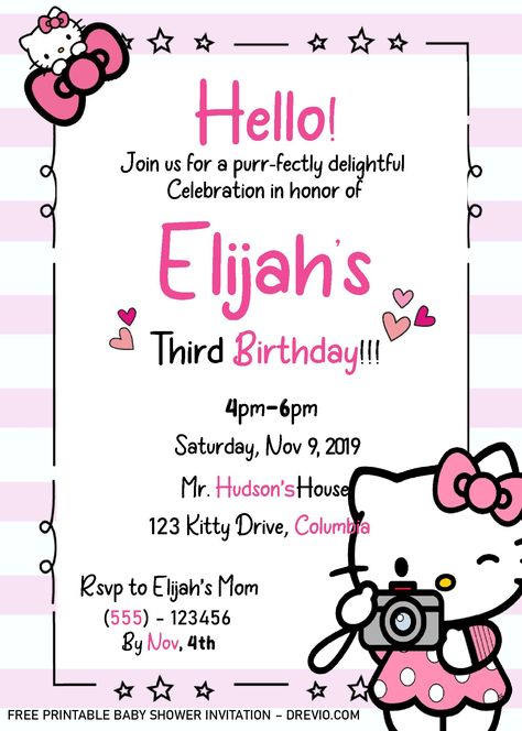 Get Hello Kitty Invitation Templates - Editable With Ms Word What could be better than using this adorable Hello Kitty themed invitation card for your baby’s upcoming birthday? Am I right? Of course. This template will amaze everyone, even if your guests just r... Free Hello Kitty Invitation Template, Hello Kitty Bday Invitation, Birthday Invitations Hello Kitty, Hello Kitty Birthday Template, Hello Kitty Invitation Card Template, Hello Kitty Invitation Card Editable, Birthday Invitation Card Ideas Diy, Invitation Card Hello Kitty, Hello Kitty Birthday Invitation Template