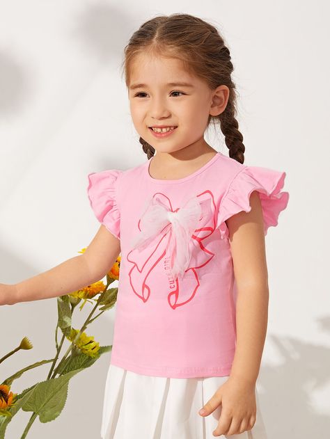 Baby Pink Cute  Cap Sleeve Cotton Graphic Letter   Slight Stretch Summer Toddler Girls Clothing Creative Dresses, Cute Party Outfits, Cute Cap, Butterfly Sleeve, Cute Outfits For School, Butterfly Sleeves