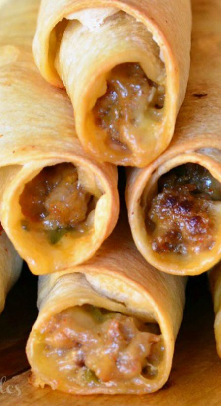 Baked Jalapeño Sausage and Cheese Taquitos ~ Baked zesty taquitos made with hot Italian sausage, Pepper Jack cheese and jalapeños. Sausage Jalapeno Peppers, Jalapeno Cheddar Sausage Recipes, Cheddar Jalapeno Sausage Recipe, Jalapeño Sausage, Taquitos Baked, Sausage Sandwich Recipes, Cheese Taquitos, Sausage Cheese Dip, Italian Sausage Sandwich