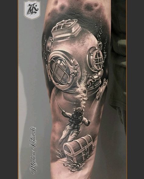 Sea Tattoo Sleeve, Scuba Tattoo, Star Wars Tattoo Sleeve, Underwater Tattoo, Ocean Sleeve Tattoos, Diver Tattoo, Nautical Tattoo Sleeve, Marine Tattoo, Helmet Tattoo