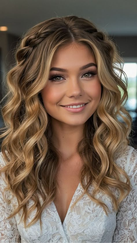 Homecoming Hair Ideas Down, Medium Down Wedding Hair, Easy Homecoming Hairstyles Curly Hair, Waves With Braid Hairstyle, Prom Hairstyles For Medium Length Hair Bow, Homecoming Makeup Tutorial Step By Step, Long Curly Bridesmaid Hairstyles, Long Hair Styles Bridesmaid, Half Up Curly Prom Hair