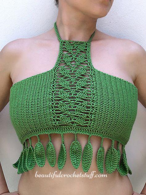 Crochet Crop Halter Leaves Top Free Pattern | Beautiful Crochet Stuff Crop Tops Crochet, Crochet Beach Wear, Crochet Festival, Crochet Halter Top, شال كروشيه, Crochet Bra, Crochet Crop Top Pattern, Mode Crochet, Crochet Swimwear