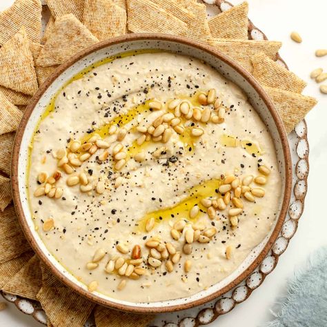 Pine Nut Hummus Pine Nut Hummus Recipe, Pine Nut Hummus, Pine Nut Recipes, Hummus Recipes, Creamy Hummus, Bread Dressing, Focaccia Bread Recipe, Pitta Bread, Pine Nut