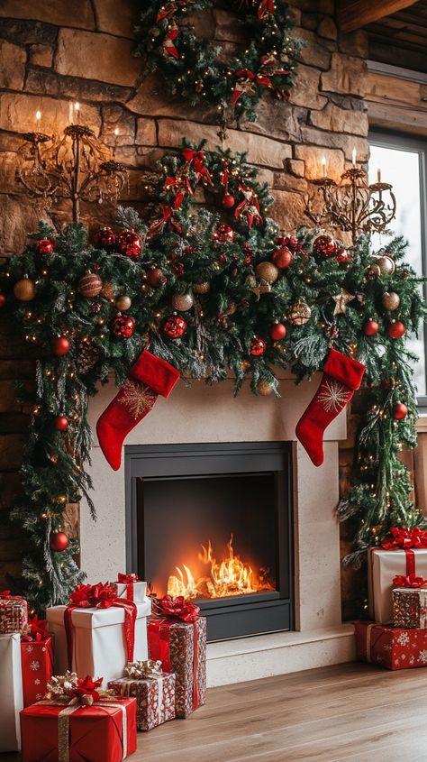 Festively decorated fireplace with garlands, candles, and presents, creating a cozy Christmas atmosphere. Cozy Christmas Mantle, Christmas Mantle Decor Ideas, Holiday Fireplace Decor, Mantle Decorating Ideas, Red And Gold Ornaments, White Stone Fireplaces, Rustic Stone Fireplace, Christmas Mantles, Mantle Decorating