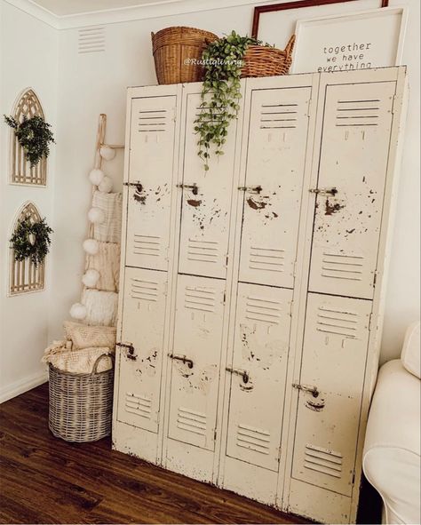 Lockers In Living Room, Lockers In Home, Boho Locker Ideas, Metal Lockers In Living Room, Farmhouse Lockers, Old Lockers Repurposed Entryway, Locker Storage Ideas, Repurposed Lockers Home Decor, Lockers Ideas For Home