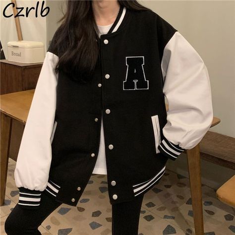 none Letterman Jacket Outfit, Baseball Jacket Outfit, Varsity Jacket Outfit, Baseball Jacket Women, Oversized Coats, Estilo Harajuku, Varsity Jacket Women, Jacket Outfit Women, Korean Streetwear