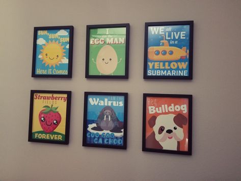 Beat Bugs Nursery.   Handmade signs of Beatles lyrics. Frames from Hobby Lobby. Beatles Themed Nursery, Beatles Baby Nursery, Beatles Bathroom, Beatles Nursery, Beatles Theme, Beat Bugs, Beatles Baby, Beatles Lyrics, Babies Stuff