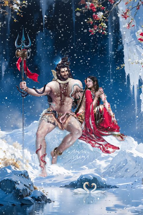 Shiva and Parvati enjoying the snowfall on the shoreline of Mansarovar Lake by Aman Varma,  on ArtStation at https://www.artstation.com/artwork/P6mwXZ Mansarovar Lake, Parvati Goddess, Shiva And Parvati, Goddess Parvati, Divine Love, Spiritual Connection, The Divine, Lord Shiva, Shiva