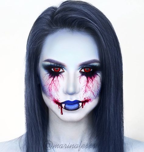 Marina Fes on Instagram: “💙⚰️BLUE VAMPIRE⚰️💙 . Idky but I got obsessed with this look💙 . Inspo by @milk1422 . PRODUCTS FACE/EYES/BROWS @mehronmakeup white clown, AQ…” Blue Vampire Makeup, Blue Vampire, Vampire Makeup, Halloween Makeup, Eyebrows, Halloween Face, Face Makeup, Halloween Face Makeup, Halloween