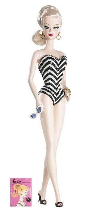 Vintage Barbie swimsuit Old Barbie Dolls, Barbie Fashion Model, Original Barbie Doll, Barbie Swimsuit, Black And White Swimsuit, Striped Bathing Suit, Barbie Collector Dolls, Barbie Style, Christmas Memories