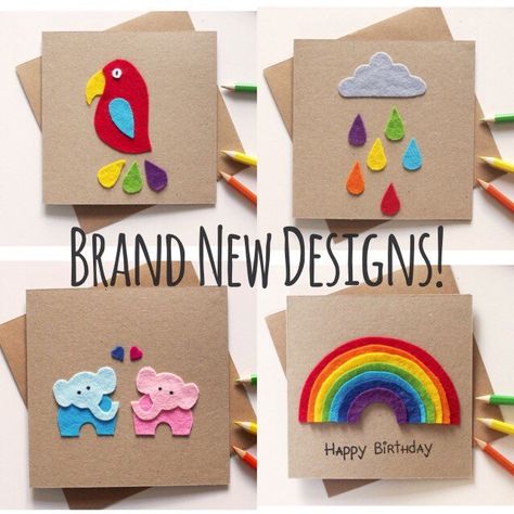 Brand new designs in store!  Kids birthday cards | Colourful Rainbow Children Day Card Ideas, Felt Greeting Cards, Felt Birthday Cards, Needle Felt Greeting Cards, Rainbow Greeting Cards, Felt Kids, Welcome Card, Birthday Card Craft, Happy Cards