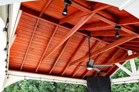 Our A-Frame vinyl pavilion roof's underside comes standard with stained mahogany. However, you can also choose from an array of different colors listed on our site. Vinyl Pavilion, Gable Roof Design, Clay Roofs, Outdoor Structure, Southern Yellow Pine, Concrete Pad, Country Lane, Pavilion Design, Asphalt Shingles