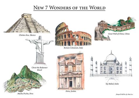 I Created A Map Showing The New 7 Wonders Of The World | Bored Panda Wonders Of The World Drawing, Seven Wonders Of The World Drawing, 7 Wonders Of The World Drawing, 7 Wonders Of The World, Christ The Redeemer Brazil, 7 World Wonders, Learn To Sketch, Travel Drawing, World Party