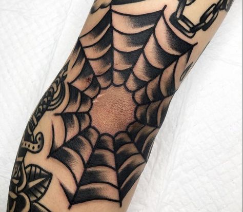 American Trad Spider Web, Traditional Cobweb Tattoo, Old School Web Tattoo, Spiderweb Elbow Tattoo Traditional, Spiderweb Knee Tattoo Traditional, Knee Web Tattoo, Cobweb Elbow Tattoo, Old School Spider Web Tattoo, Traditional Web Tattoo