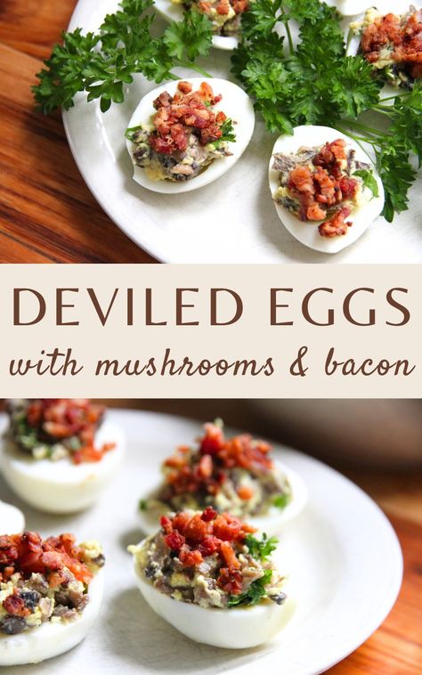 Best deviled eggs recipe stuffed with mushrooms and bacon Mushroom Deviled Eggs, Savory Potato Salad, Best Deviled Eggs Recipe, Recipe With Mushrooms, Condiment Bowls, Stuffed Eggs, Green Bean Salad Recipes, Chinese Chicken Salad Recipe, Healthy Spring Recipes