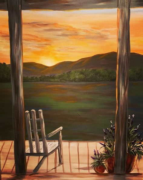 Chair on the front porch looking at the mountain sunset is a landscape acrylic painting on a stretched 16 x 20 canvas Ranch Paintings Canvas, Creek Painting Easy, Farmhouse Acrylic Painting, Western Sunset Drawing, Landscape Ideas Painting Sunset, Painting Ideas On Canvas Outdoors, Painting Ideas On Canvas Beach Sunset, Farm Paintings Landscape, Country Scenes Painting