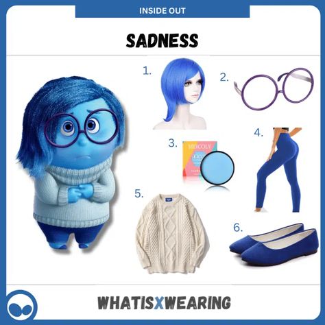 Sadness 'How To' DIY Costume Guide Inside Our Costume Ideas, Saddnessfrom Inside Out Costume, Inside Out Diy Costumes, Inside Out Costume Ideas, Inside Out Outfits, Inside Out Characters Costumes, Inside Out 2 Outfit Ideas, Blue Costume Ideas, Inside Out Outfit Ideas