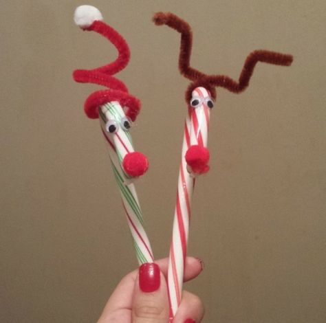 Candy cane Santa and reindeer Candy Cane Raindeer Crafts Diy, Mini Candy Cane Ideas, Candy Cane Reindeer Craft, Candy Cane Christmas Decorations, Reindeer Candy Canes, Christmas Candy Crafts, Candy Cane Sleigh, Candy Cane Reindeer, Candy Cane Gifts