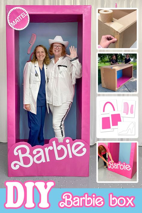 How To Create A Barbie Photo Booth, Barbie Swim Party Ideas, Barbie Party Box Diy, Barbie Photo Booth Ideas, Lifesize Barbie Box Photo Booths Diy, Barbie Birthday Box Diy, Barbie Decoration Ideas, Barbie Day Activities, How To Build A Barbie Photo Booth