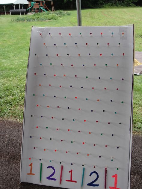 Plinko Game.  Triple sheet thickness of cardboard and golf tees. I used a dot of hot glue on the tees to hold them in the cardboard.  I used canning jar lids as the chip.  Glued two together with glue dots.  Looked like gold coins. You can find quick and easy instructions on Youtube. Diy Plinko Board, Diy Plinko, Plinko Board, Plinko Game, Diy Carnival Games, Carnival Games For Kids, Picnic Games, Stag And Doe, Diy Carnival