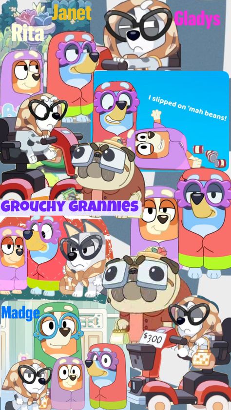 #bluey #grannies #grouchy #grouchygranny #rita #huh #janet #grannymobile #slippedonmybeans Rita And Janet, Bluey Funny, Bluey Wallpaper, Bingo Funny, Cute Backgrounds For Iphone, Original Tv Series, Abc Tv, Cute Cartoon Characters, Tv Quotes