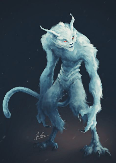 Snow Katt, on ArtStation at https://www.artstation.com/artwork/RnV9Be Winter Monster Concept Art, Snow Monster Fantasy Art, Snow Elemental, Ice Zombie, Ice Creature, Snow Spirit, Winter Monster, Snow Creatures, Snow Character