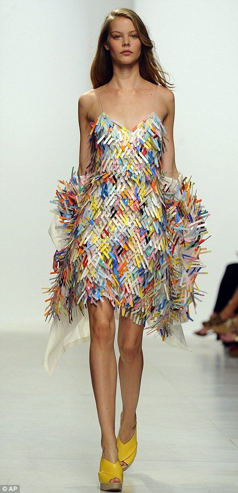 A woven plastic and silk dress at Chalayan Objects Textiles, Waste Fashion, Crazy Dresses, Recycled Dress, Plastic Dress, Dior Designer, Weird Fashion, Recycled Fashion, Upcycled Fashion