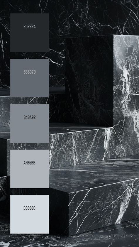 Colors:
25282A
636970
848A92
AFB5BB
D3DBE0 Aesthetic Dark Color Palette, Dark Luxury Color Palette, Dark Mode Color Palette, Dark Pallete, Aesthetic Composition, Marble Display, Silver Ash, Background Elements, Design Palette