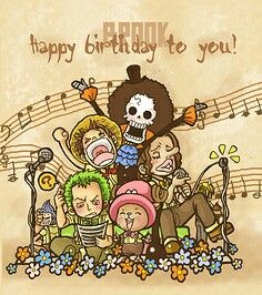 Happy Birthday Brook, text, Brook, Luffy, Zoro, Franky, Sanji, Usopp, Chopper, singing, microphone, funny, cute, music notes, sheet music; One Piece Sanji Usopp, Singing Microphone, One Piece Birthdays, Brooks One Piece, Cute Music, Luffy Zoro, One Peace, Cartoon Painting, Technology Accessories