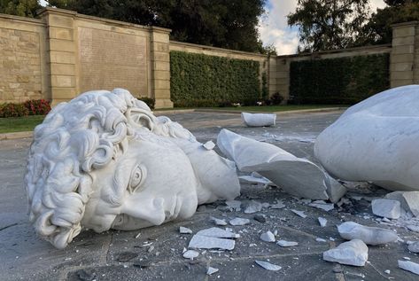 Giant 'David' statue falls, breaks into pieces at Glendale cemetery - Los Angeles Times Giant Statue, Broken Sculpture, Clay Statue, Sunken Statue, Crumbling Statue, Broken Greek Statue, Greek Monsters, Campus Landscape, Forest Lawn Memorial Park