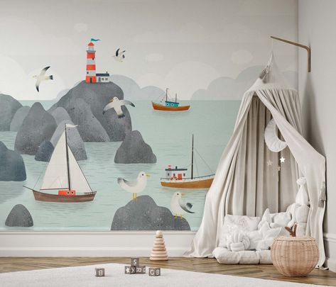 NEW Peel and Stick / Traditional by the Sea Ocean Animals - Etsy Nautical Mural, Ocean Animal Nursery, Seaside Wallpaper, Wallpaper Studio, Kindergarten Wallpaper, Coastal Wallpaper, Bedroom Murals, Neutral Wallpaper, Nautical Wall Decor