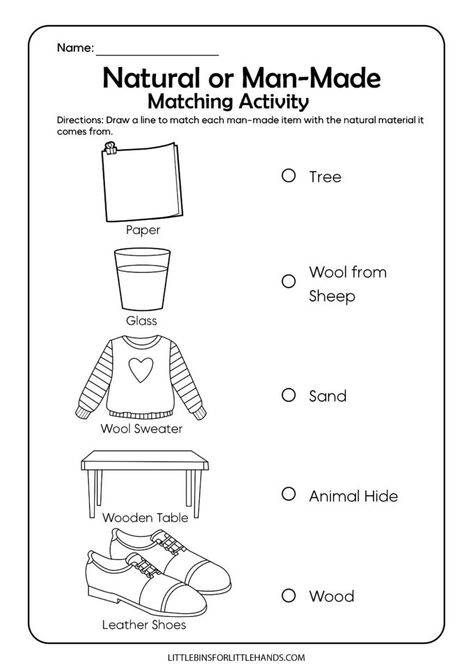 Natural vs. Man Made Worksheets Earth Science Activities, 1st Grade Science, Science Vocabulary, School Lesson Plans, Kindergarten Science, Science Worksheets, Matching Activity, Journal Writing Prompts, School Lessons