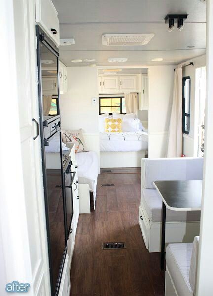 I like the gray ceiling and the black appliances. Rv Redo, Glamper Camper, Rv Makeover, Travel Trailer Remodel, Rv Renovations, Camper Makeover, Rv Hacks, Camper Living, Camper Renovation