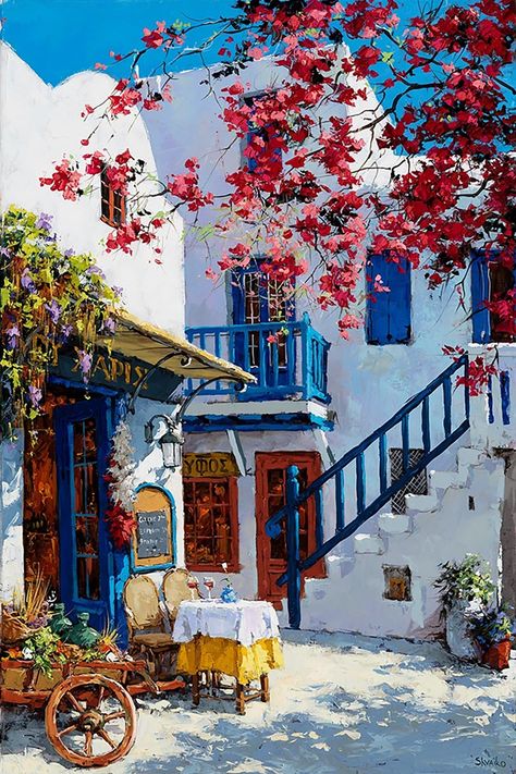 Greece Oil Painting, Greece Art Paintings, Building Painting Acrylic, Paintings Of Greece, Mykonos Painting, Complex Paintings, Greece Buildings, Europe Painting, Greece Watercolor