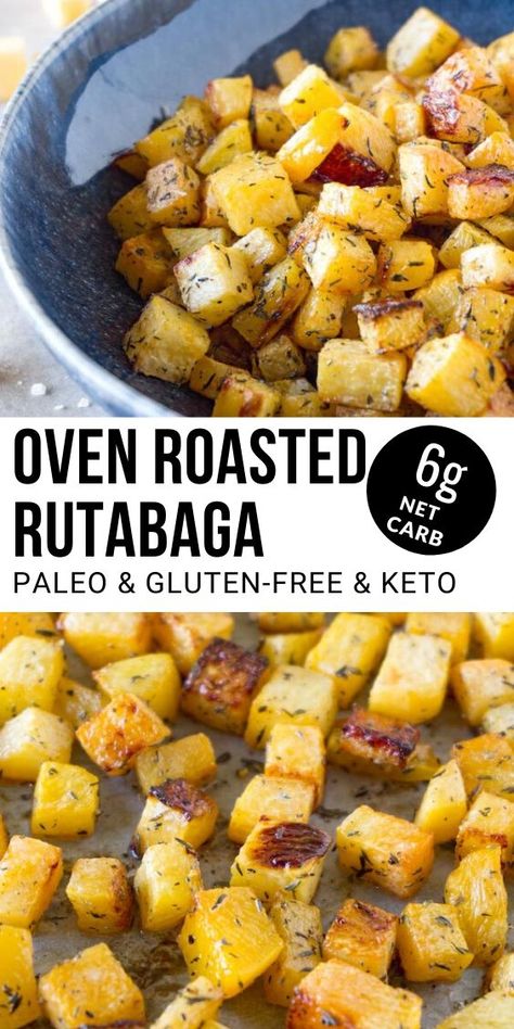 A delicious and healthy low carb keto side dish – this oven roasted rutabaga recipe is ready in 20 minutes and can be enjoyed with the meat or fish main dishes of your choice. Healthy Rutabaga Recipes, Oven Roasted Rutabaga, Low Carb Rutabaga Recipes, Ibs Vegetables, Roasted Rutabaga Recipes, Rootabega Recipe, Aip Side Dishes, Roasted Rutabaga, Rutabaga Recipes