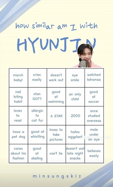 How Similar Am I With Skz Bingo, Stray Kids Bingo, Kpop Bingo, Kpop Games, Kpop Challenge, About Me Template, Bingo Template, Diary Writing, Hyunjin And In