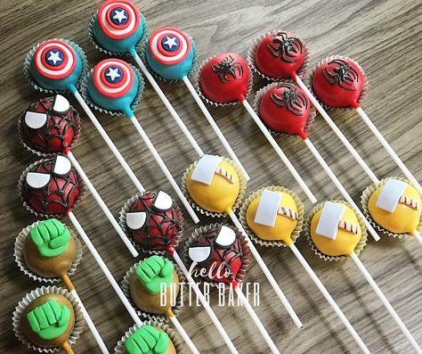 Superhero theme cake pops #cakepopmalaysia #cakepop #igcakepop #cakepop #instacakepops #cakepopstagram #hellobutterbaker #klcakes… Superhero Party Desserts, Marvel Theme Dessert Table, Avengers Treat Table, Marvel Dessert Table, Super Hero Cake Pops, Avengers Cake Pops, Marvel Cakepops, Marvel Cake Pops, Marvel Desserts