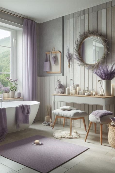 Relax in a sea of tranquility with this calming lavender and light grey palette. Soothing colors for your personal spa. #LavenderBathroom #CalmingColors Lavender And Green Bathroom, Lavender Bathroom Ideas, Pastel Bathroom Ideas, Pastel Bathroom, Sea Of Tranquility, Lavender Bathroom, Second Bathroom, Sage And Lavender, Bathroom Color Schemes