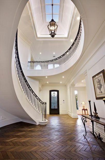 French Staircase, Clasic Houses, Luxurious Entrance, Entrance Staircase, Chevron Parquet, French Inspired Home, Luxury Staircase, French Oak Flooring, Curved Staircase