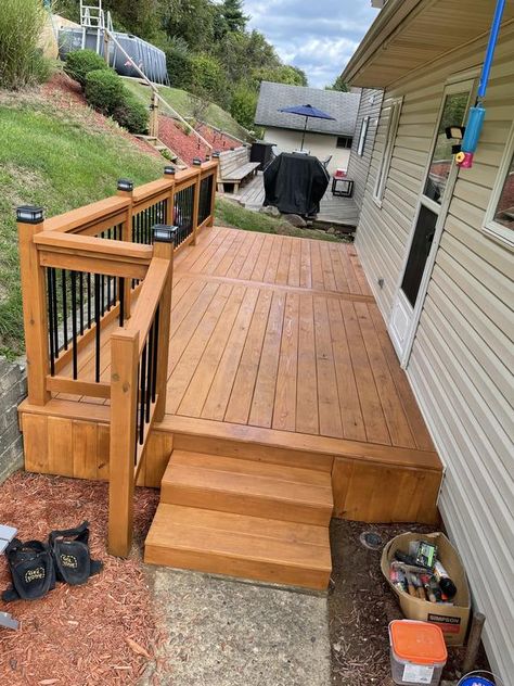 Cabot New Cedar Stain, Medium Brown Deck Stain, Cabot Semi Transparent Stain Colors, Deck Stain Colors With Red Brick House, Light Deck Stain, Front Porch Stain Colors, Porch Stain Colors Wood, Cabot Deck Stain Colors, Solid Stain Deck Colors