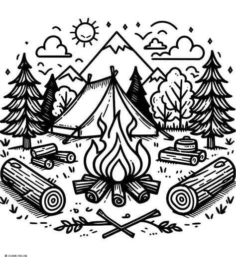 Camping Coloring Pages, Camping Pics, Colors Of Nature, Scouts Crafts, Drawing Activities, Printable Adult Coloring Pages, Camp Fire, Disney Coloring Pages, Flower Coloring Pages