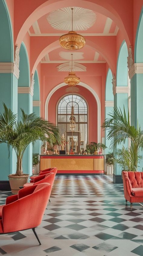 Wes Anderson-Inspired Hotel: A Cinematic Escape into Whimsy and Symmetry — Living Bright Interiors Escapism Interior Design, Checkered Interior Design, Colorful Modern Interior, Wes Anderson Mood Board, Miami Modern Interior Design, Wes Anderson Bathroom, Wes Anderson Architecture, Wes Anderson Interior Design, Concept Art Room