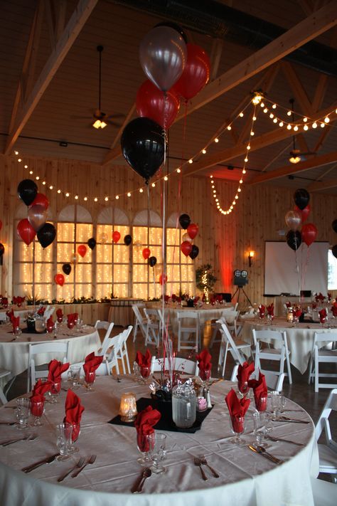 Hollywood Theme Red White And Black Old Hollywood Theme, Red And Black Gala Decor, Birthday Decorations Red And Black Party Ideas, Hollywood Theme Dinner Party, White And Red Party Theme, Movie Premiere Sweet 16, Red Carpet Prom Theme Decoration, Hollywood Theme Sweet 16 Party, Red Prom Theme