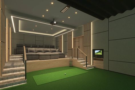 How to Design a Custom Golf Simulator Home Theater Golf Simulator Basement Ideas, Golf Simulator Movie Room, Golf Simulator Theater Room, In Home Golf Simulator, Golf Simulator Room Man Caves, Home Golf Simulator Room, Golf Simulator Basement, Golf Simulator Room Design, Gray Basement