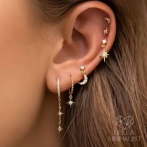 Dainty Silver Earring Stack, Piercing Stack, Celestial Earring, Stack Earrings, Earring Piercing, Earring Cartilage, Earring Stack, Pretty Ear Piercings, Chain Earring