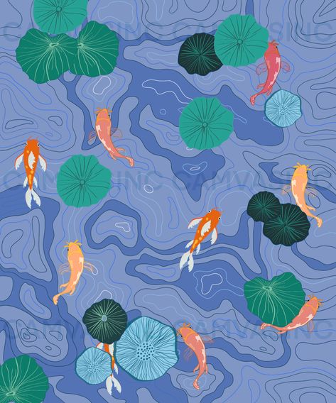 Koi Fish Pond, Fish Illustration, Art Hobbies, Lake Fishing, Fish Drawings, Fish Print, Koi Fish, Fish Art, Textile Patterns