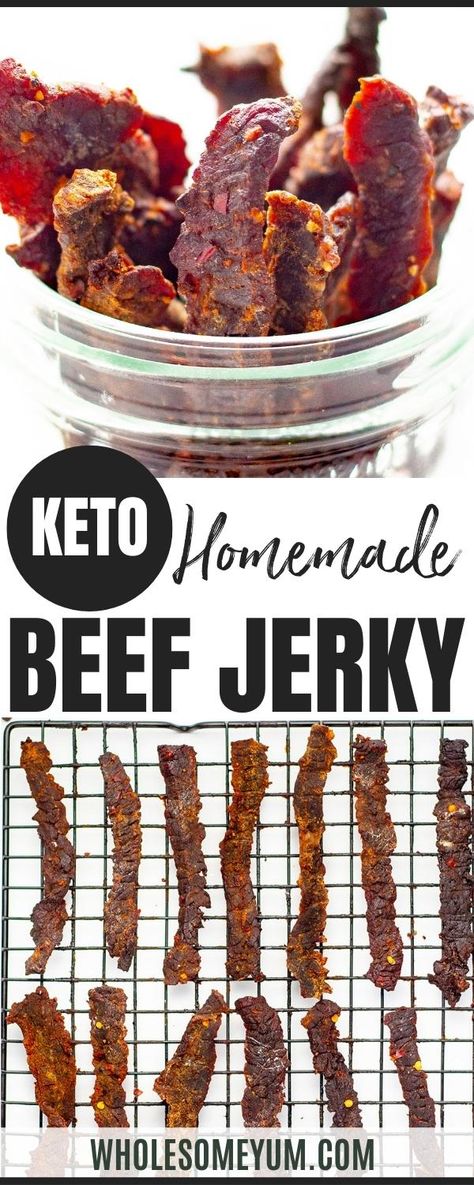 This homemade keto beef jerky recipe makes a sweet, savory, and healthy snack that's perfect to take on the go. Just 5 minutes prep! Keto Beef Jerky Recipe, Bagel Homemade, Simple Beef Jerky Recipe, Beef Jerky Recipe Dehydrator, Venison Dishes, Jerky Recipes Dehydrator, Jerkey Recipes, Smoker Ideas, Homemade Beef Jerky